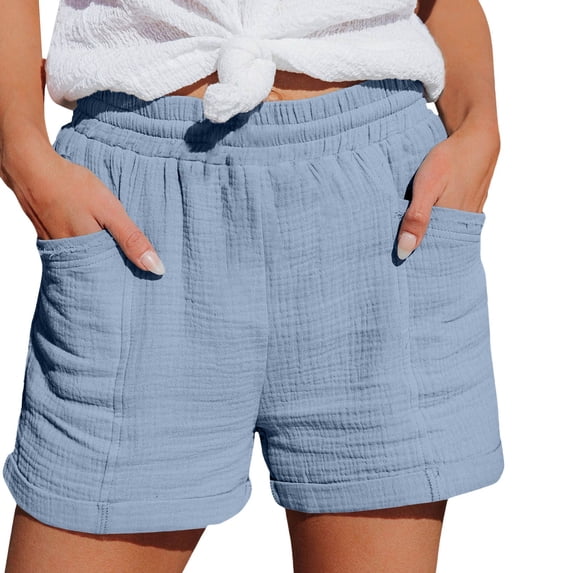 LEKODE Cotton Linen Shorts for Women Summer Elastic Waist Drawstring Bermuda Shorts Loose Comfy Short Pants with Pockets Blue L