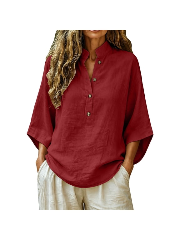 Cotton Linen Tops for Women Summer Half Sleeve Gauze Button Down V Neck Dressy Casual Blouses with Mandarin Collar Wine L