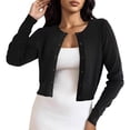 thumbnail image 1 of LEKODE Crew Neck Lightweight Button Down Knit Bolero Shrug Women Long Sleeve Cropped Short Length Soft Plain Knit Dress Layering Top Black S, 1 of 5