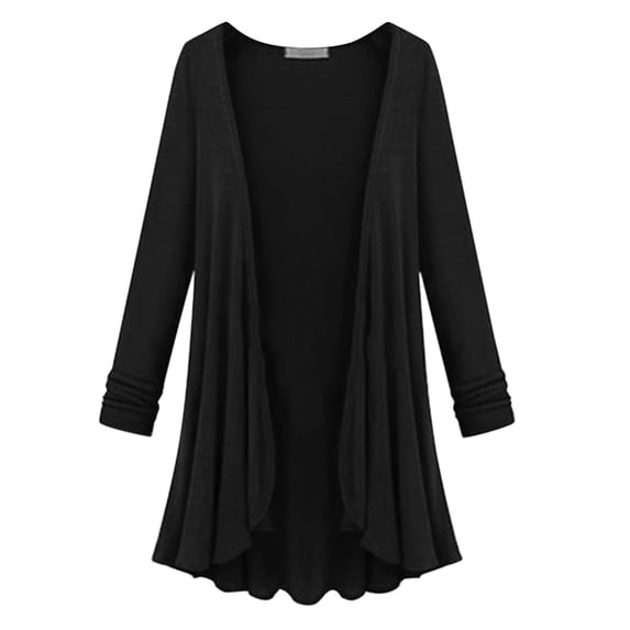 LEKODE Draped Front Duster Cardigan Open Front Long Sleeve Curved Wave Hem Lightweight Kimono Style Summer Dress Layering Cover Up Black L