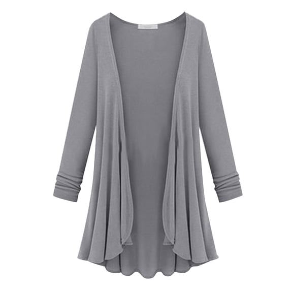 LEKODE Draped Front Duster Cardigan Open Front Long Sleeve Curved Wave Hem Lightweight Kimono Style Summer Dress Layering Cover Up Gray XL