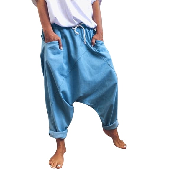 LEKODE Drop Crotch Pants Women Cotton Baggy Harem Pants Loose Fit Patchwork Pants Casual Summer Elastic Waist Trousers Blue L