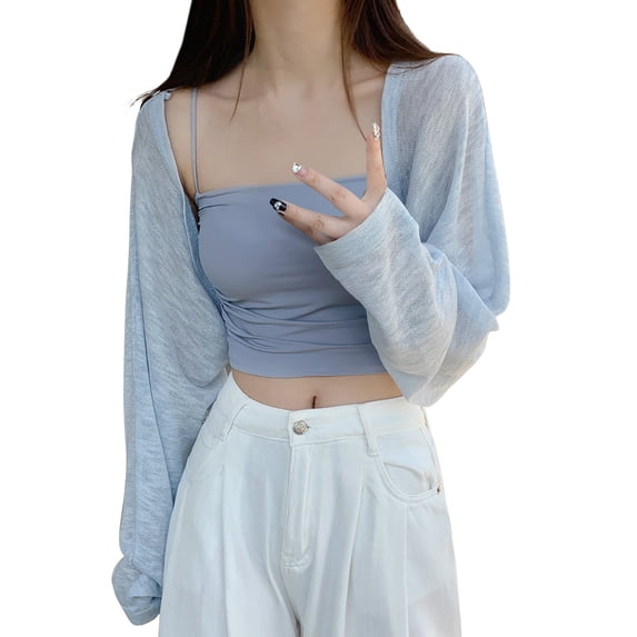 LEKODE Drop Shoulder Long Sleeve Solid Knit Bolero Shrug Womens Cropped Loose Fit Lightweight Everyday Summer Tank Layering Outer Tops Blue A