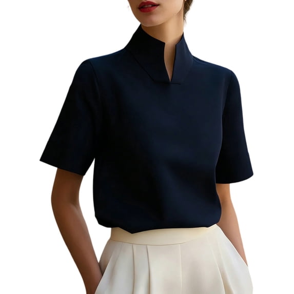 LEKODE Elegant Split Stand Collar Short Sleeve Shirt for Women, Solid Loose Fit Business Office Commuter Blouse Tops Basic Tees Womens Summer Blouses Dressy Casual Black S