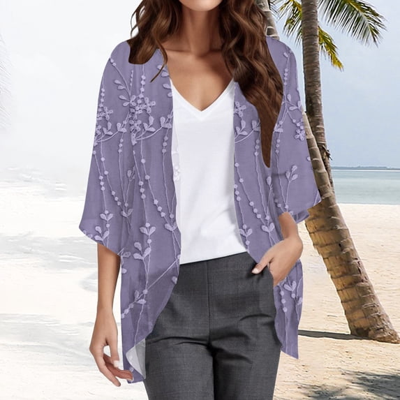 LEKODE Everyday Beach Swim Vacation Outer Kimono Shrug Womens 3/4 Flare Bell Sleeve Open Front Mid Length Thin Solid Sheer Chiffon Layering Cardigan Purple 2XL