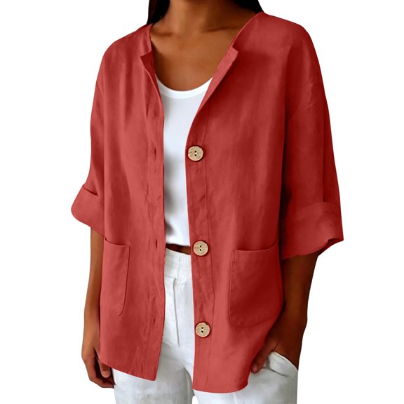 LEKODE Everyday Spring Office Outer Blazer Womens Stand Collar 3/4 Rolled Sleeve Dual Pockets Short Soft Solid Linen Layering Jacket Red XL