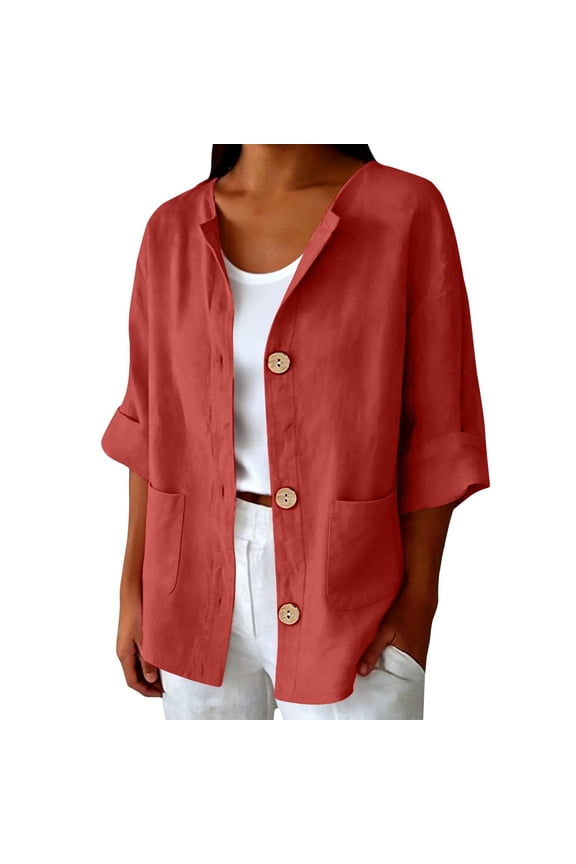 Everyday Spring Office Outer Blazer Womens Stand Collar 3/4 Rolled Sleeve Dual Pockets Short Soft Solid Linen Layering Jacket Red XL