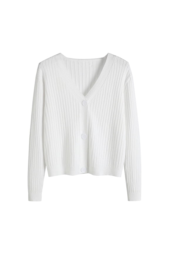 Everyday Spring Office Outer Sweater Womens V Neck Long Sleeve Full Button Down Soft Plain Knit Regular Layering Cardigan B White One Size