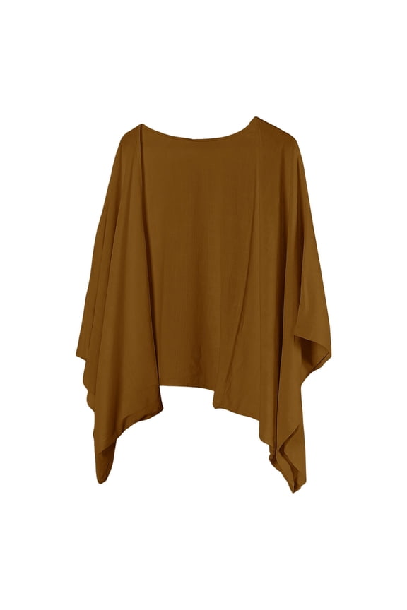 Everyday Summer Beach Office Outer Shawl Womens Batwing Open Front Solid Textured Linen Layering Cape Poncho Brown S