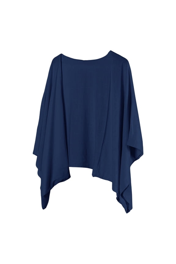 Everyday Summer Beach Office Outer Shawl Womens Batwing Open Front Solid Textured Linen Layering Cape Poncho Navy M