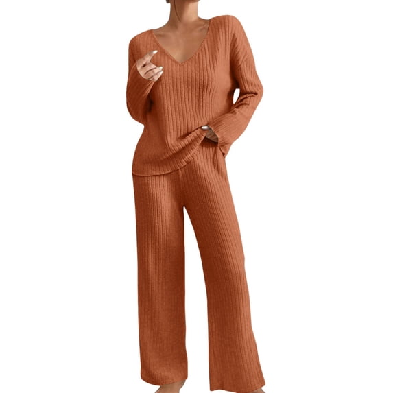 LEKODE Fall Sets for Women Two Piece Suits for Women Long Sleeve Pajama Set for Women Sweater Set Womens Top Woman Long Sleeve Tops Cute Fall Sets Brick Red XL