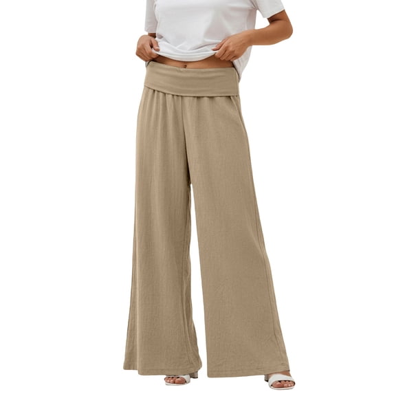 LEKODE Fold Over Linen Pants Women Comfy Low Rise Flowy Wide Leg Palazzo Lounge Vacation Trousers Khaki S