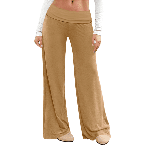 LEKODE Fold Over Yoga Pants for Women Low Rise Wide Leg Cute Flare Sweatpants Athletic Workout Cotton Flare Leggings Khaki L