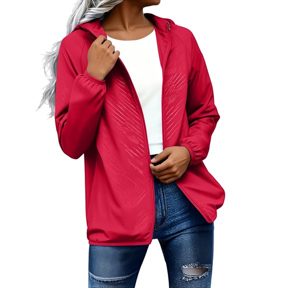 LEKODE Full Zip Hooded Lightweight Windbreaker Womens Short Loose Fit Everyday Outdoor Travel Casual Layering Outer Tops with Side Pockets Red L