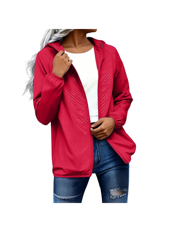Full Zip Hooded Lightweight Windbreaker Womens Short Loose Fit Everyday Outdoor Travel Casual Layering Outer Tops with Side Pockets Red L