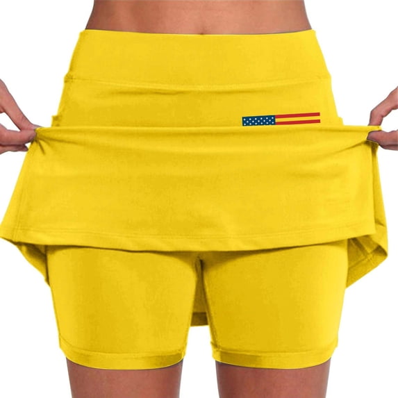 LEKODE Golf Skirts for Women with Pockets Bike Shorts Tennis Skirt Hiking Skirt with Shorts Underneath Yoga Shorts Plus Size Skorts Running Skirt Casual a Line Womens Skirts Yellow XL