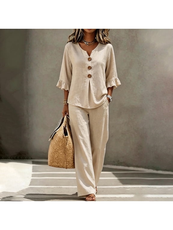 Halter Neck Linen Set for Women 2 Piece Sets Ruffle Tops Boho Tops Flowy Pants for Women Short Sleeves Gauze Shirts Wide Leg Pant Set Linen Pants Set Plus Size Dressy Casual Beige S