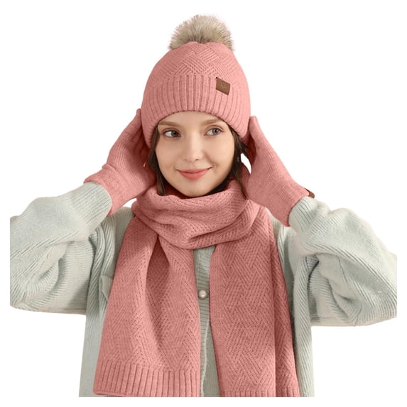 LEKODE Hat Gloves Scarf Set Women Warm Sets for Women Womens Beanies for Winter Gloves for Cold Weather Cotton Scarf Women's Scarf Winter Hats Pink One Size