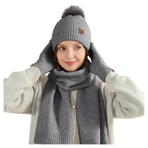 LEKODE Hat Gloves Scarf Set Women Warm Sets for Women Womens Beanies for Winter Gloves for Women Womens Gloves for Cold Weather Winter Caps for Women Long Scarf for Women Gray One Size