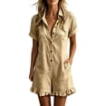 thumbnail image 1 of LEKODE Jumpsuits Rompers Wide Leg Rompers Flap Pocket Romper V Neck Button Down Short Sleeve Jumpsuits with Pockets Collared Neck Jumpsuit Short Rompers Casual Outfits for Women Khaki XXXL, 1 of 6