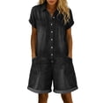 thumbnail image 1 of LEKODE Jumpsuits for Women Button Front Collared Romper Short Sleeve Loose Fit Cuffed Denim Shorts Vacation One Piece Outfit Travel Outfits for Women Black S, 1 of 5