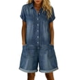 thumbnail image 1 of LEKODE Jumpsuits for Women Casual Loose Denim Short Jumpsuit Collared Short Sleeve Button Down Romper for Multiple Occasions womens vacation outfits Navy XL, 1 of 4