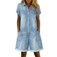 thumbnail image 1 of LEKODE Jumpsuits for Women Button Front Collared Romper Short Sleeve Loose Fit Cuffed Denim Shorts Vacation One Piece Outfit Fall clothes Sky Blue XL, 1 of 5