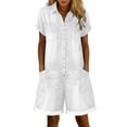 thumbnail image 1 of LEKODE Jumpsuits for Women Cuffed Hem Denim Shorts Romper Collared Short Sleeve Button Front Loose Fit One Piece Outfit Fall clothes White 4XL, 1 of 6