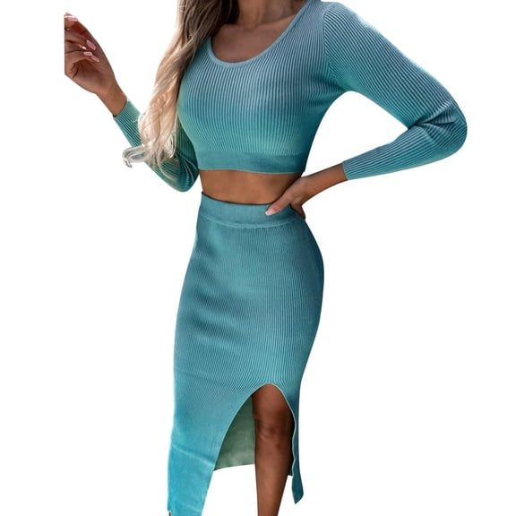 LEKODE Knit Sets Two Piece Women Long Skirt Set Sweatshirt Skirt Set Womens Two Piece Sets Long Skirt Womens 2 Piece Outfits Fall Outfits Blue L