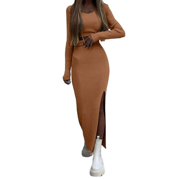 LEKODE Knit Sets Two Piece Women Sweater Skirt Set Lounge Skirt Sweater Dress 2 Piece Sets for Women Fall Outfits Sets for Women Clothing Two Piece Brown M