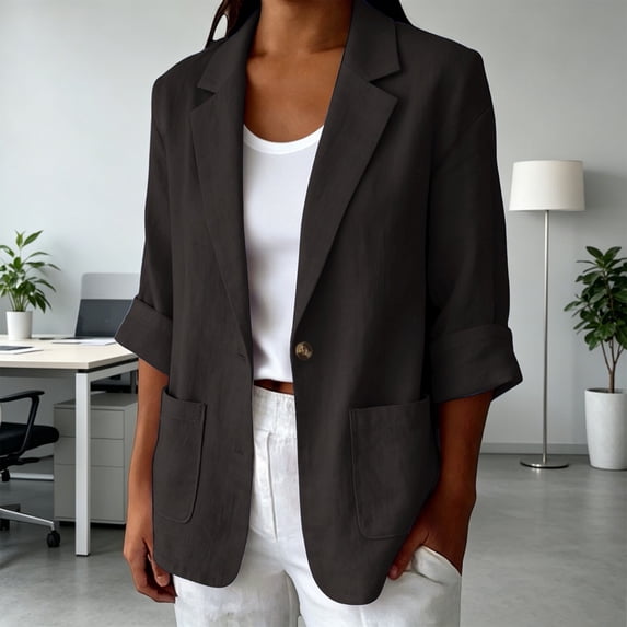 LEKODE Ladies 3/4 Roll Cuff Loose Outer Blazer, Cotton Linen Single Button Notched Lapel Style with Dual Front Pockets Spring Summer Casual Suit Top Dark Gray 5XL