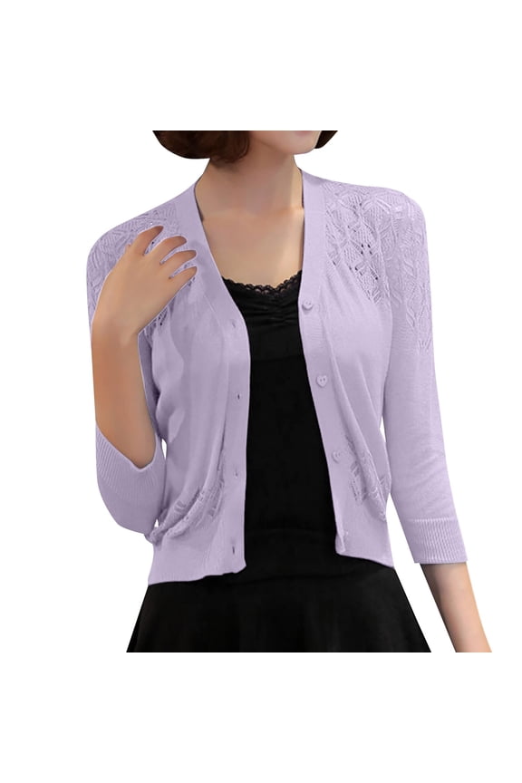 Ladies Casual Cropped Knit Layering Cardigan V Neck 3/4 Sleeve Button Down Lightweight Spring Daily Office Outer Cover Up Tops Purple L