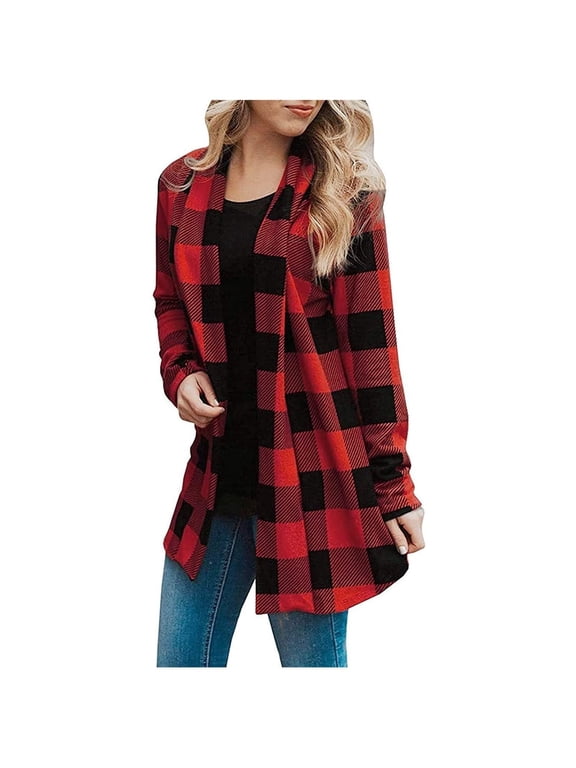 Ladies Casual Long Sleeve Open Front Plaid Knit Duster Cardigan All Over Buffalo Check Lightweight Fall Everyday Layering Outerwear C Red 3XL