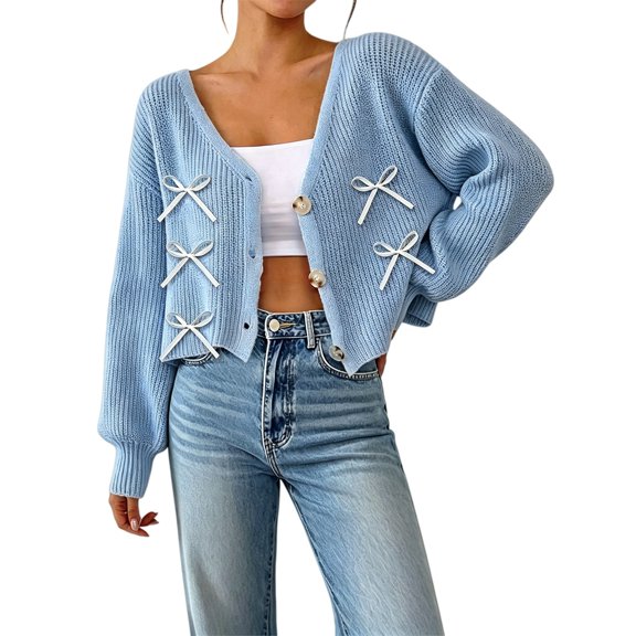 LEKODE Ladies Cute Bow Decor Cropped Outer Cardigan, Long Sleeve V Neck Button Down Loose Daily Wear Top Sky Blue M