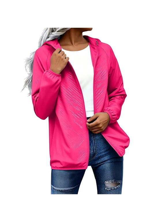 Ladies Everyday Travel Outdoor Outerwear Lightweight Short Hooded Full Zip Windbreaker Casual Layering Coat Hot Pink M