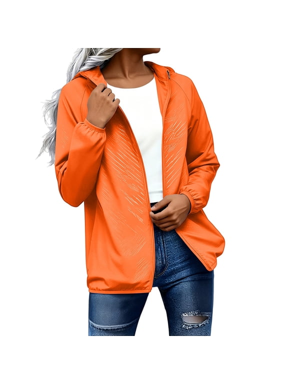 Ladies Everyday Travel Outdoor Outerwear Lightweight Short Hooded Full Zip Windbreaker Casual Layering Coat Orange M