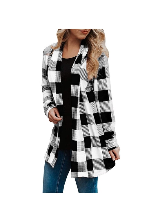 Ladies Fall Casual Layering Outerwear Long Sleeve Buffalo Plaid Soft Cotton Lightweight Mid Length Duster Cardigan White 2XL