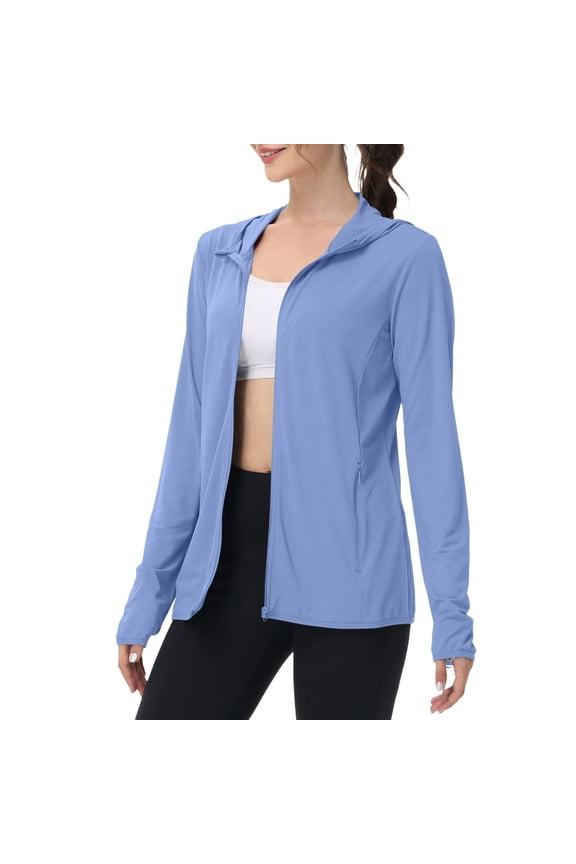 Ladies Outdoor Daily Athletic Layering Outerwear Hooded Full Zip Long Sleeve Side Zipper Pockets Lightweight UV Sun Protection Jacket A Sky Blue XS
