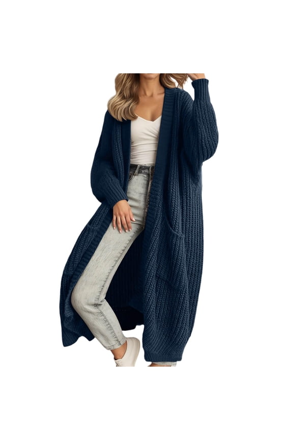 Ladies Oversized Long Knit Duster Sweater All Over Vertical Rib Pattern Open Front Casual Fall Outerwear with Side Pockets Navy 2XL