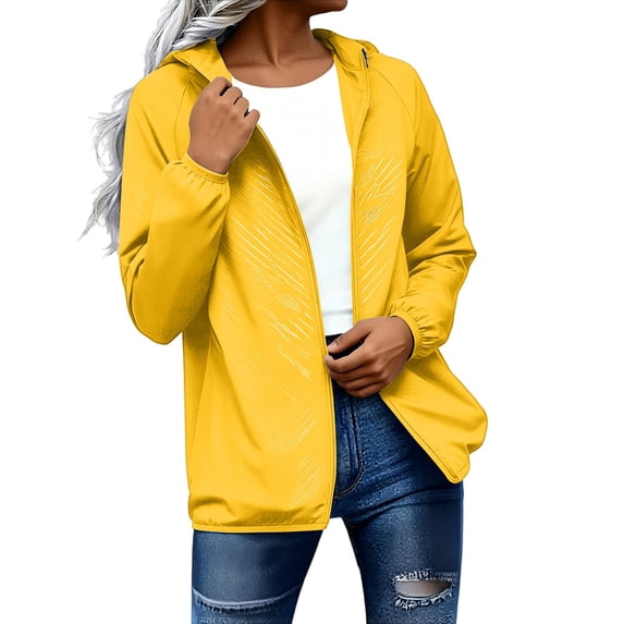 LEKODE Lightweight Casual Wind Jacket for Women Full Zip Attached Hood Elastic Long Sleeve Cuff Regular Short Length Everyday Outdoor Outer Topper with Side Pockets Yellow 2XL