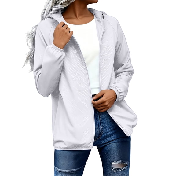 LEKODE Lightweight Casual Wind Jacket Women Hooded Full Zip Short Loose Fit Daily Walking Travel Outer Topper Tops White S
