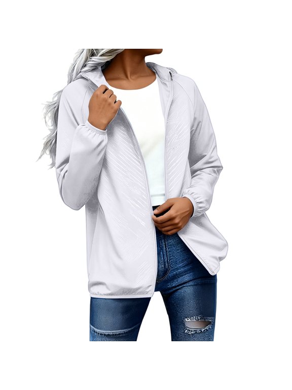 Lightweight Casual Wind Jacket Women Hooded Full Zip Short Loose Fit Daily Walking Travel Outer Topper Tops White S