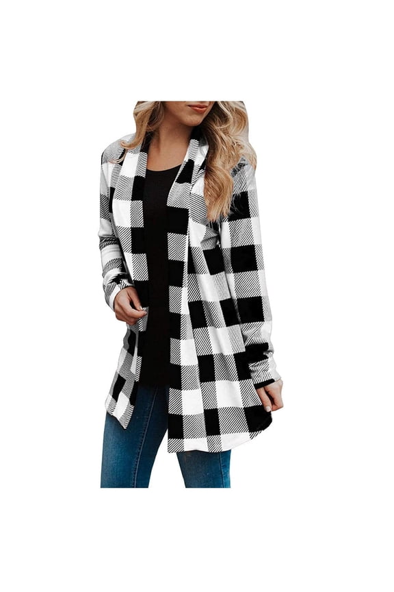 Lightweight Cotton Mid Length Duster Cardigan for Women Open Front Long Sleeve All Over Buffalo Plaid Draped Irregular Hem Daily Fall Outer Cover Up White M