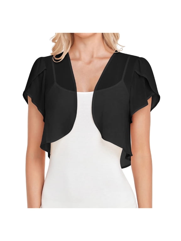 Lightweight Flowly Chiffon Bolero Shrug for Women Open Front Short Sleeve Cropped Summer Party Dress Layering Outer Cardigan Black L