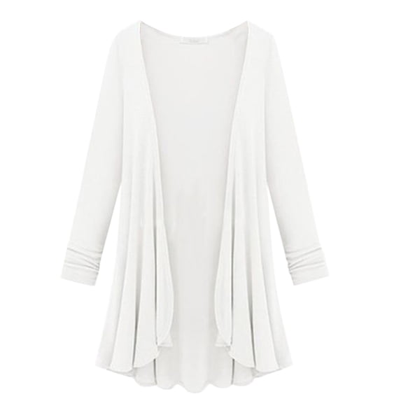LEKODE Lightweight Open Front Layering Cardigan Long Sleeve Drape Front Curved Hem Casual All Season Tops White M