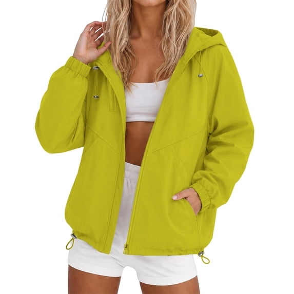 LEKODE Lightweight Rain Jacket Women Waterproof Oversized Zip Up Hooded Raincoat Casual Drawstring Rain Coat with Pockets Yellow S