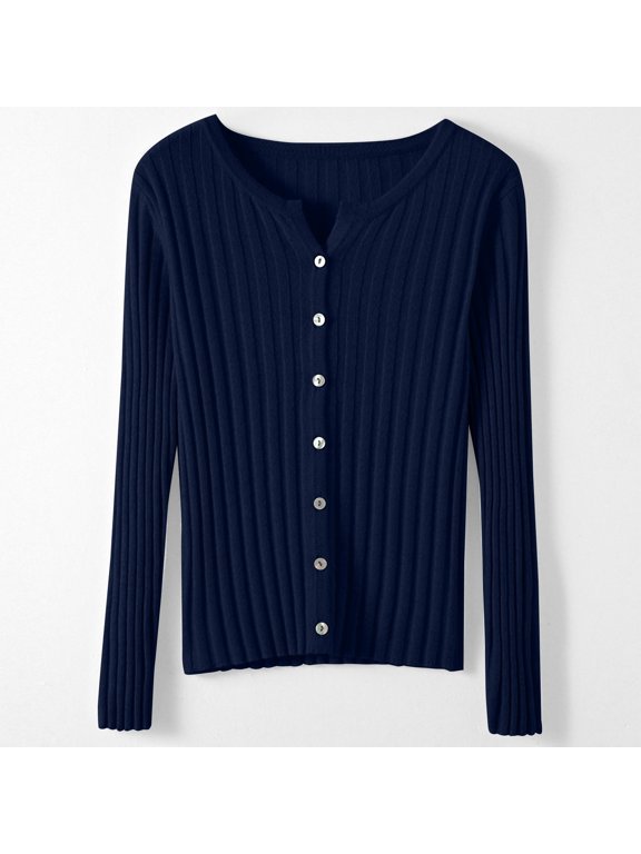 Lightweight Ribbed Knit Button Down Sweater Women Long Sleeve Regular Fit Layering Knitwear Jacket Navy M