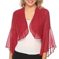 thumbnail image 1 of LEKODE Lightweight Sheer Chiffon Cropped Bolero Shrug Women V Neck 3/4 Bell Sleeve Loose Fit Everyday Wedding Party Formal Outer Topper Tops Red M, 1 of 5
