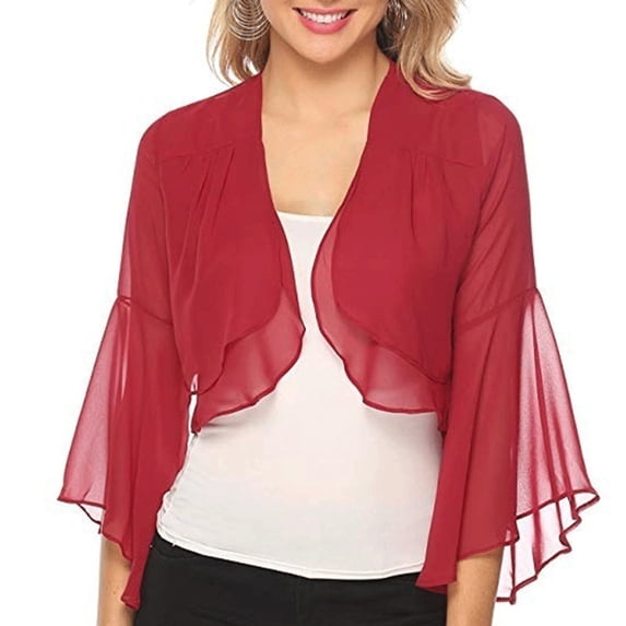LEKODE Lightweight Sheer Chiffon Cropped Bolero Shrug Women V Neck 3/4 Bell Sleeve Loose Fit Everyday Wedding Party Formal Outer Topper Tops Red M