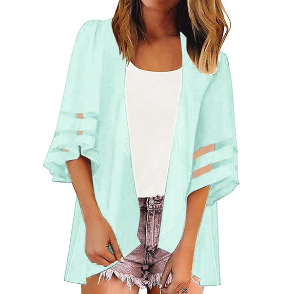 LEKODE Lightweight Solid Chiffon Mid Length Kimono Shrug Women 3/4 Ruffle Sleeve Open Front Loose Fit Everyday Beach Tank Outer Topper Tops Light Blue M